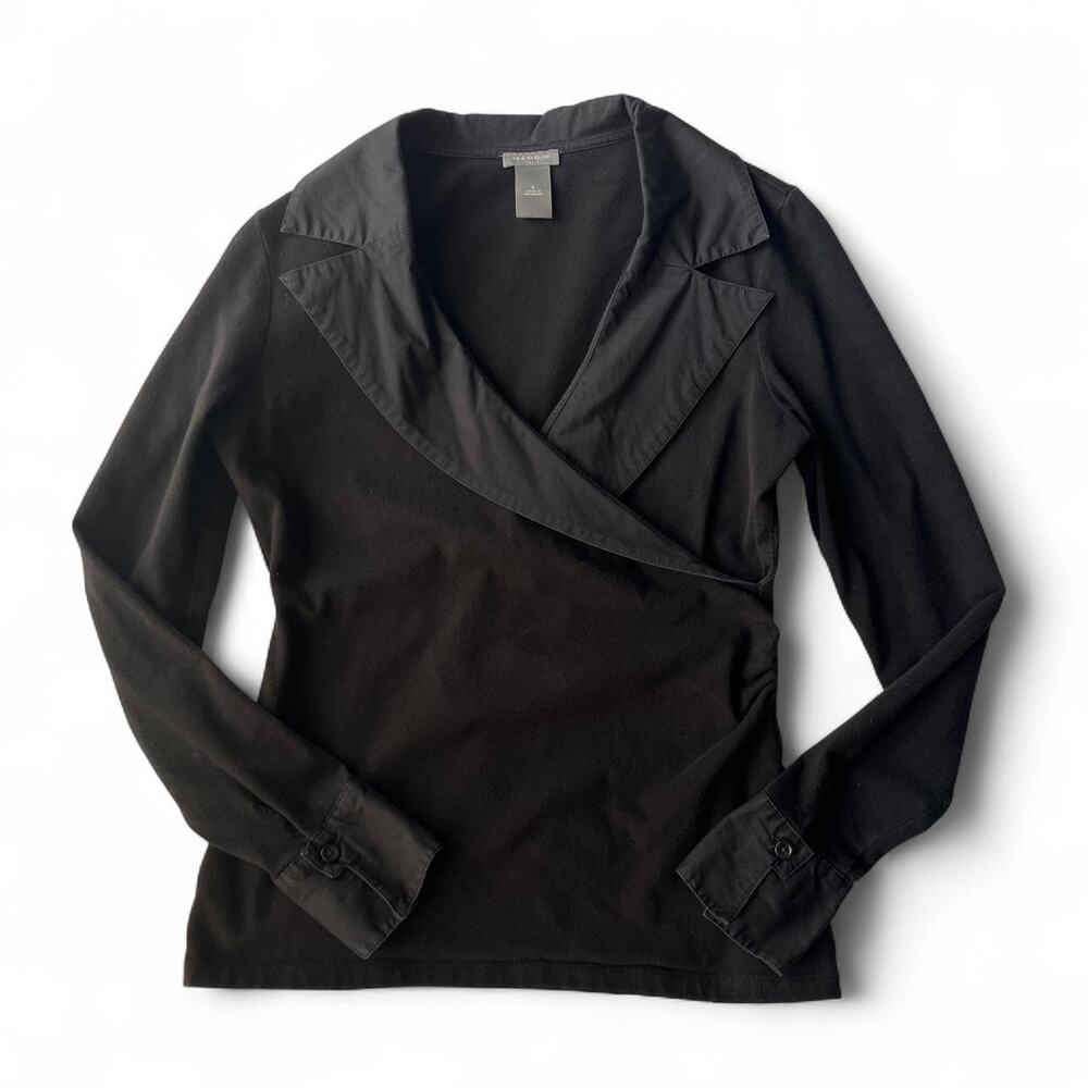 Ann Taylor Black Faux Wrap Collared Top.